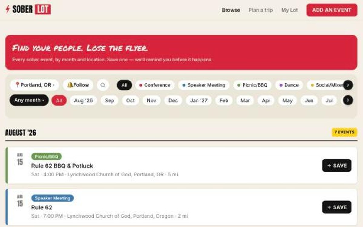 SoberLot events browser
