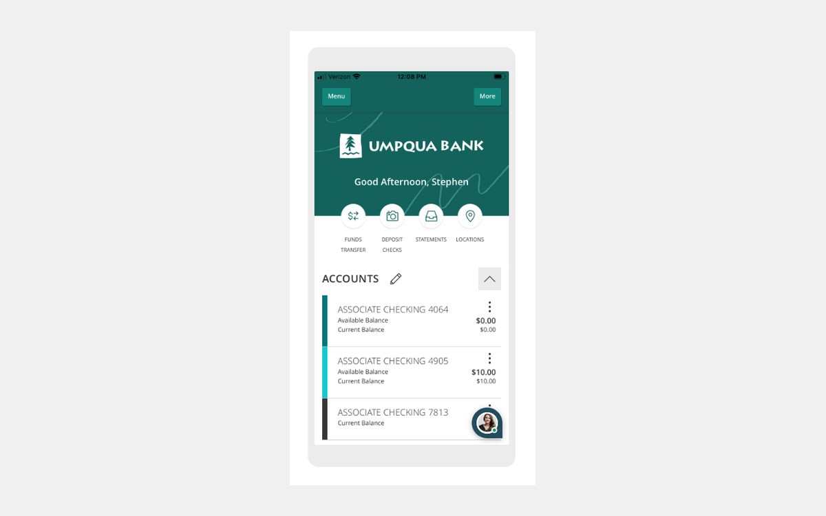 Umpqua mobile banking accounts screen